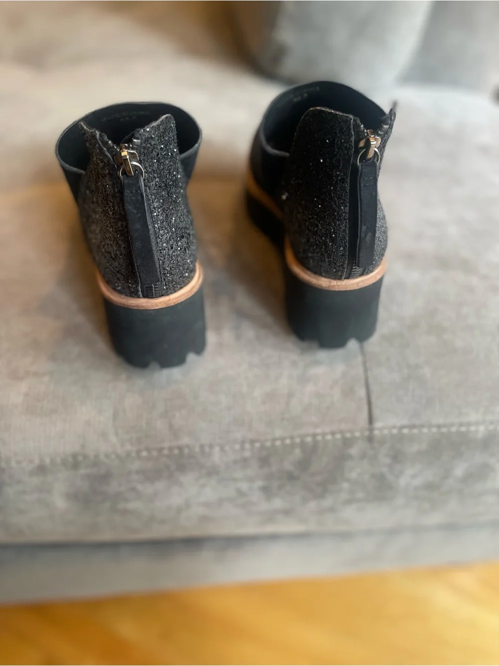 Women’s All Black Suede Platform Ankle Bootie with Sparkle Back.